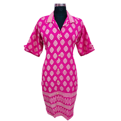 KANTHA-AJRAKH COLLAR KURTIS WITH SIDE POCKET