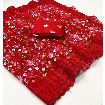 Heavy Net  Fabric With Multi Color Embroidery Work Sharee