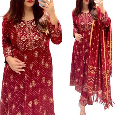 Cotton Kurti Gown With Pant  Belt & Dupatta